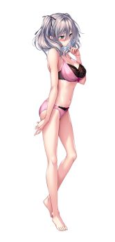  1girl amakano_2 averting_eyes bare_arms bare_legs barefoot black_bra black_ribbon blue_eyes blush bra breasts closed_mouth full_body grey_hair hair_between_eyes jigokudani_sara large_breasts legs lingerie looking_at_viewer medium_hair mole mole_under_eye multicolored_bra navel official_art panties pink_bra pink_panties piromizu ribbon simple_background solo standing stomach tachi-e twintails underwear white_background 