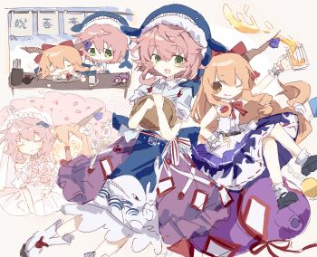  :d absurdres animal_print apron beer_mug black_shoes blue_apron blue_shirt blush bow bridal_veil closed_eyes closed_mouth commentary cup dress fish_print gourd green_eyes hair_between_eyes highres holding holding_cup holding_tray horn_ornament horn_ribbon horns ibuki_suika long_hair looking_at_viewer medium_hair mug okunoda_miyoi open_mouth orange_eyes orange_hair pink_hair purple_skirt red_bow ribbon sandals shirt shoes short_sleeves sin_sack skirt sleeping sleeveless sleeveless_shirt smile socks tongue tongue_out touhou tray veil wedding_dress whale_hat whale_print white_shirt white_socks wrist_cuffs wusem0108 