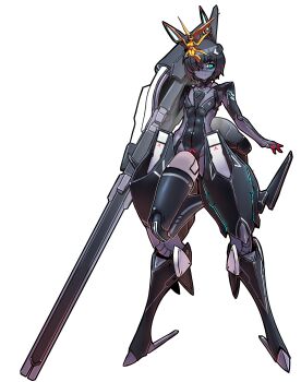  1boy absurdres advance_of_zeta ahoge arms_at_sides beam_rifle black_hair black_skin blue_eyes colored_skin energy_gun extra_legs full_body gundam hair_over_one_eye highres joints mecha_danshi mold_(pixiv6616319) robot_joints scar scar_on_face solo standing tr-6_woundwort trap v-fin weapon white_background 