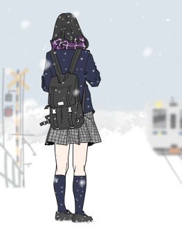  1girl absurdres backpack bag black_hair blue_jacket commentary facing_away from_behind highres jacket kneehighs miniskirt original outdoors plaid_clothes plaid_skirt purple_scarf sakamoto_giulietta scarf school_uniform skirt snow snowing socks standing train winter 