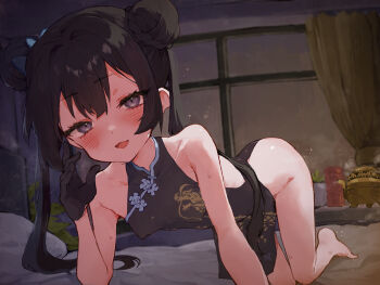  1girl absurdres ass bare_shoulders barefoot bed black_dress black_hair blue_archive blush braid braided_bun breasts china_dress chinese_clothes commentary_request covered_erect_nipples crawling double_bun dragon_print dress gloves grey_eyes hair_bun half_gloves halo hand_up highres incense_burner indoors kisaki_(blue_archive) loli long_hair looking_at_viewer no_panties on_bed open_mouth print_dress rimukoro second-party_source sleeveless sleeveless_dress small_breasts small_sweatdrop solo sweat whispering window 