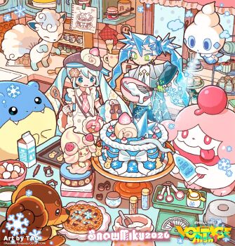  2girls alcremie alolan_form alolan_vulpix apron beret black_pants blue_dress blue_eyes blue_hair bowl brown_hat cake cherry collared_dress commentary_request company_name cookie cookie_cutter copyright_notice dress drink_carton dual_persona egg fidough food fruit gen_1_pokemon gen_3_pokemon gen_5_pokemon gen_6_pokemon gen_7_pokemon gen_8_pokemon gradient_clothes gradient_jacket green_eyes grey_jacket hair_ornament hat hatsune_miku highres holding holding_bowl ice_miku_(project_voltage) jacket jar leotard measuring_cup milk_carton multicolored_hair multiple_girls musical_note necktie nintendo official_art oven_mitts pants pie pikachu pink_necktie plate pokemon pokemon_(creature) project_voltage puffy_short_sleeves puffy_sleeves ribbon second-party_source short_sleeves snowflakes spheal sprinkles strawberry streaked_hair swirlix swiss_roll tao_(tao15102) tiered_tray tray tree twintails vanillite vocaloid weighing_scale white_apron white_leotard white_ribbon yuki_miku yuki_miku_(2026) 
