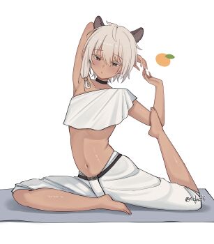  1boy absurdres animal_ears arm_up armpits barefoot black_choker black_eyes blush capybara_boy choker closed_mouth colored_eyelashes commentary crop_top dark-skinned_male dark_skin expressionless eyelashes flexible full_body hand_up highres jitome looking_at_viewer male_focus midriff navel original pigeon_pose rat_squeak short_hair shorts simple_background single_bare_shoulder solo stomach trap twitter_username white_background white_hair white_shorts yoga  rating:Sensitive score:36 user:danbooru