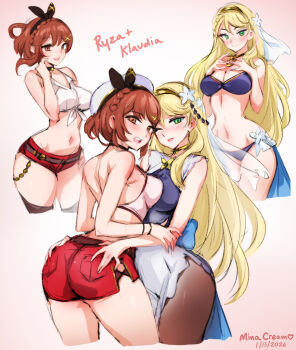  2girls atelier_(series) atelier_ryza bikini black_pantyhose blonde_hair blue_bikini breasts brown_hair cleavage cowboy_shot hat highres klaudia_valentz long_hair medium_breasts mina_cream multiple_girls pantyhose pink_background red_shorts reisalin_stout shirt short_hair short_shorts shorts skirt swimsuit tied_shirt white_hat white_shirt white_skirt yuri 