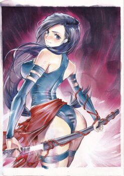  1girl ass bare_shoulders black_hair blue_eyes blue_leotard breasts bridal_gauntlets closed_mouth commentary curvy highleg highleg_leotard highres holding holding_weapon huge_ass katana leotard long_hair looking_at_viewer looking_back marvel medium_breasts psylocke revealing_clothes rodrigo_yoshimiya sheath simple_background sleeveless solo sword thighs weapon wide_hips x-men  rating:Sensitive score:19 user:danbooru