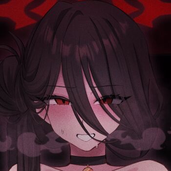  1girl black_background black_choker black_hair blue_archive blush choker commentary english_commentary hair_between_eyes half-closed_eyes halo hasumi_(blue_archive) heavy_breathing highres long_bangs long_hair looking_at_viewer mamaprofennn mole mole_under_eye portrait red_eyes red_halo simple_background smile solo sweat 