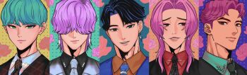  5boys abby_(kpop_demon_hunters) aqua_hair baby_(kpop_demon_hunters) black_hair collared_shirt commentary earrings flower hair_over_eyes hashtag-only_commentary highres jewelry jinu_(kpop_demon_hunters) kpop_demon_hunters looking_at_viewer male_focus medium_hair multiple_boys mystery_(kpop_demon_hunters) oolelele pink_hair purple_hair romance_(kpop_demon_hunters) rose shirt short_hair smile symbol-only_commentary 