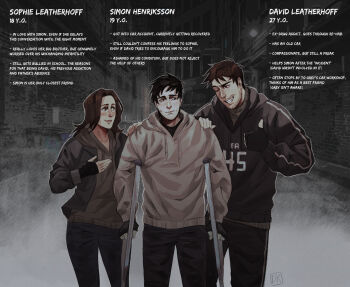  1girl 2boys ;d afraid_of_monsters black_gloves black_hair black_hoodie black_shirt brown_hair character_name commentary crossover crutch cry_of_fear darkriallet david_leatherhoff english_commentary english_text fingerless_gloves gloves grey_hoodie hand_on_another&#039;s_shoulder head_tilt hetero highres holding_crutch hood hood_down hoodie looking_at_another multiple_boys one_eye_closed open_mouth photo_background print_hoodie shirt short_hair simon_henriksson smile sophie_(cry_of_fear) sweatdrop 