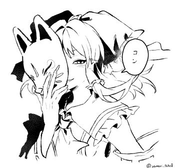  ascot bare_shoulders bow commentary detached_sleeves floating_hair fox_mask hair_bow hakurei_reimu highres holding holding_mask long_hair looking_at_viewer mask monochrome parted_lips pechika_01 shirt sleeveless sleeveless_shirt smile speech_bubble touhou translation_request twitter_username upper_body 