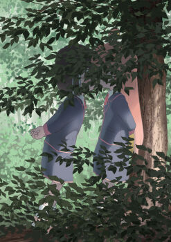  2girls absurdres arms_behind_back black_jacket black_skirt blue_hair brown_hair commentary day face-to-face from_side full_body highres hozuki_momiji implied_kiss jacket katorein leaning_forward long_hair long_sleeves multicolored_hair multiple_girls neck_ribbon onii-chan_wa_oshimai! outdoors oyama_mahiro pink_hair red_ribbon ribbon school_uniform short_hair skirt tree two-tone_hair very_long_hair yotsuba_university_affiliated_junior_high_school_uniform yuri 