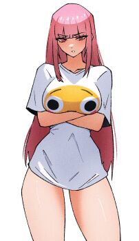  1girl blunt_bangs breasts commentary cowboy_shot crossed_arms english_commentary flushed_face_emoji_shirt_(meme) highres hololive hololive_english large_breasts long_hair looking_at_viewer meme mori_calliope naked_shirt no_pants parted_lips pink_eyes pink_hair ritorugalaxy shirt short_sleeves simple_background solo standing straight_hair t-shirt thighs virtual_youtuber white_background white_shirt 