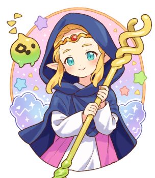  1girl aqua_eyes blonde_hair blush cloak commentary_request dress holding holding_staff hood hood_up hooded_cloak long_sleeves looking_at_viewer mage_staff nintendo onyhakase pointy_ears princess_zelda sidelocks simple_background smile sparkle staff star_(symbol) the_legend_of_zelda the_legend_of_zelda:_echoes_of_wisdom tri_(zelda) tri_rod  rating:General score:10 user:danbooru