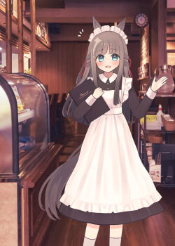  1girl :d absurdres alternate_costume animal_ears apron black_dress blue_eyes blunt_bangs blush chrono_genesis_(umamusume) commentary_request cowboy_shot dress enmaided frilled_apron frills grey_hair highres holding holding_menu horse_ears horse_girl long_hair looking_at_viewer maid maid_apron maid_headdress mayuchi427 menu open_mouth photo_background smile solo umamusume waist_apron white_apron 