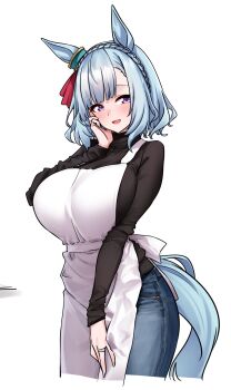  1girl aged_up alternate_costume alternate_hair_length alternate_hairstyle animal_ears apron black_shirt blue_hair blue_pants blue_tail blush braid commentary_request crown_braid denim herohero_(higashi_no_dou) highres horse_ears horse_girl horse_tail jeans jewelry long_sleeves looking_at_viewer mejiro_ardan_(umamusume) open_mouth pants purple_eyes ring shirt short_hair simple_background smile solo tail turtleneck turtleneck_shirt umamusume wedding_ring white_apron white_background 
