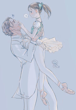 !? 1boy 1girl age_difference ballerina ballet ballet_slippers blush bow choker commentary_request feet_out_of_frame finger_in_another's_nose full_body hair_bow highres kokudou_juunigou leotard lifting_person limited_palette looking_at_another medium_hair original pantyhose ponytail profile short_sleeves simple_background sketch tutu rating:General score:45 user:danbooru