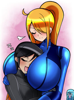  3girls :3 ahoge alternate_breast_size_(larger) armpit_crease asymmetrical_bangs between_breasts black_bodysuit black_hair blonde_hair blue_bodysuit blush bodysuit breasts clenched_teeth closed_eyes collarbone crying crying_with_eyes_open dark_samus eyelashes fangirl female_focus hair_between_eyes hair_over_one_eye happy head_between_breasts height_difference high_ponytail highres hug huge_breasts iriomote_umineko jealous light_blush long_hair looking_at_another metroid metroid_prime_4:_beyond multiple_girls neck nintendo nora_armstrong pink_background ponytail saliva saliva_trail samus_aran short_hair sidelocks sigh skin_tight sleeping sleeping_on_person small_breasts smile spoilers standing swept_bangs tall_female tears teeth upper_body yuri zero_suit zzz 