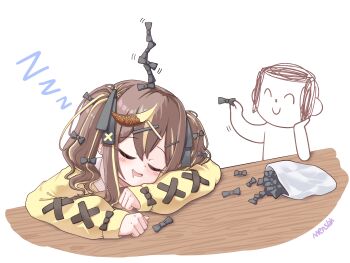  1boy 1girl :d black_bow black_ribbon blonde_streaks blue_archive blush bow brown_hair cardigan clenched_hands closed_eyes closed_mouth commentary doodle_sensei_(blue_archive) double-parted_bangs drooling earrings facing_viewer hair_between_eyes hair_bow hair_ornament hair_ribbon hairclip hands_up highres jewelry long_hair mensiah motion_lines mouth_drool multicolored_hair open_mouth rena_(blue_archive) ribbon sensei_(blue_archive) sidelocks signature simple_background sleeping sleeves_past_wrists smile stacking streaked_hair stud_earrings teeth twintails upper_body upper_teeth_only white_background x_hair_ornament yellow_cardigan zzz 