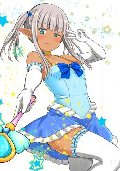  1girl absurdres bare_shoulders blue_bow blue_eyes blue_skirt blunt_bangs bow breasts closed_mouth collarbone cowboy_shot dark-skinned_female dark_elf dark_skin elbow_gloves elf gloves grey_hair hair_bow half-closed_eye highres holding holding_wand karla_(kono_healer_mendokusai) kono_healer_mendokusai long_sidelocks looking_at_viewer magical_girl miniskirt official_art pointy_ears sidelocks skirt sleeveless small_breasts solo spaghetti_strap star_(symbol) tannen_ni_hakkou thighhighs twintails uneven_eyes v wand wavy_mouth white_background white_gloves white_thighhighs zettai_ryouiki 