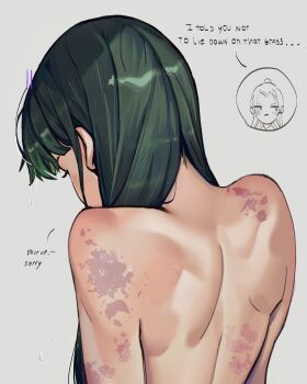  1boy 1girl absurdres english_text from_behind green_hair grey_background hashtag-only_commentary highres jinshi_(kusuriya_no_hitorigoto) kusuriya_no_hitorigoto long_hair maomao_(kusuriya_no_hitorigoto) nude simple_background solo_focus vvvimint 