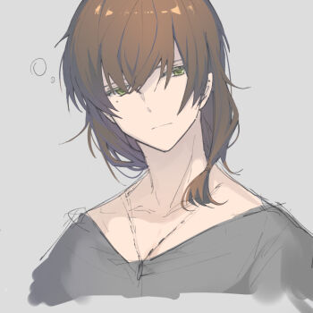  1boy axis_powers_hetalia brown_hair closed_mouth commentary_request cropped_shoulders decoco green_eyes grey_background grey_shirt hair_between_eyes jewelry looking_at_viewer male_focus medium_hair mole mole_under_eye necklace portugal_(hetalia) shirt simple_background sketch solo upper_body 