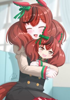  1girl absurdres animal_ears blush bow breasts brown_eyes brown_hair ear_bow ear_covers ear_ribbon gamel_120 green_bow highres horse_ears horse_girl horse_tail long_sleeves medium_hair multicolored_hair nice_nature_(poinsettia_ribbon)_(umamusume) nice_nature_(umamusume) open_mouth shirt skirt smile solo streaked_hair stuffed_toy tail twintails umamusume 