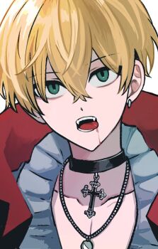  1boy bags_under_eyes black_choker blonde_hair blood blood_from_mouth choker collarbone cross earrings fangs green_eyes hair_between_eyes jewelry latin_cross male_focus matsuno_chifuyu necklace ocolayapap open_mouth shirt short_hair simple_background single_earring solo tokyo_revengers tokyo_revengers_pazuribe! upper_body vampire white_background white_shirt 