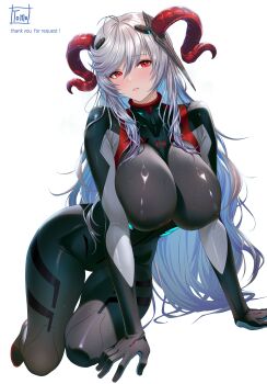  1girl absurdres all_fours alternate_costume arm_support artist_name ayanami_rei ayanami_rei_(cosplay) blue_hair blue_light blush bodysuit breasts colored_inner_hair commentary_request commission cosplay covered_erect_nipples curled_horns dutch_angle evangelion:_3.0_you_can_(not)_redo fire_emblem fire_emblem_heroes freyja_(fire_emblem) full_body goat_horns grey_hair hair_between_eyes hayashibara_megumi headgear highres horns huge_breasts indoors kneeling long_hair looking_at_viewer mecha_pilot_suit multicolored_bodysuit multicolored_hair neon_genesis_evangelion nintendo parted_lips pixiv_commission plugsuit_(evangelion) rebuild_of_evangelion red_eyes red_horns sidelocks simple_background skin_tight solo sweat thank_you thick_thighs thighs tomo_eokaiteru two-tone_bodysuit very_long_hair voice_actor_connection white_background wide_hips 