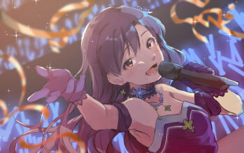  1girl arm_guards armpits bare_shoulders blue_choker blue_gloves blue_hair blurry blurry_background blush brown_eyes choker collarbone commentary_request confetti earrings flat_chest gem gloves glowstick holding holding_microphone idolmaster idolmaster_(classic) idolmaster_million_live! idolmaster_million_live!_theater_days jewelry kisaragi_chihaya kisaragi_chihaya_(brilliant_diva) kuzuya_ramurin long_hair looking_at_viewer microphone necklace official_alternate_costume open_mouth pearl_(gemstone) reaching reaching_towards_viewer smile solo stage strapless 