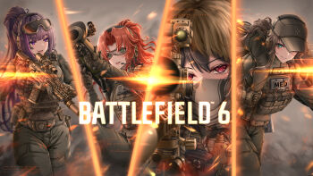  1other 4girls absurdres aiming aiming_at_viewer ammunition_pouch assault_rifle bandaid bandaid_on_face bandana bandana_over_mouth baseball_cap battlefield_(series) battlefield_6 belt_pouch black_hair blunt_bangs breasts brown-framed_eyewear brown-tinted_eyewear brown_bandana brown_hair brown_hat brown_jacket brown_pants bulletproof_vest carl_gustaf_recoilless_rifle carrying carrying_over_shoulder carrying_person chinese_commentary commentary_request copyright_name cowboy_shot defibrillator ear_protection english_text fireman's_carry flashlight frost2042 goggles goggles_on_head green_eyes grin gun hair_tie hat headset high_ponytail highres holding holding_gun holding_weapon jacket large_breasts laser_sight lens_flare lifting_person light_particles load_bearing_vest logo long_hair magazine_(weapon) medium_hair military_uniform multicolored_hair multiple_girls on_one_knee open_mouth optical_sight original pants parody pda ponytail pouch purple_eyes purple_hair range_finder red_eyes rifle rocket_launcher scope sig_mcx smile smoke sniper_rifle split_screen streaked_hair suppressor tactical_clothes teeth tinted_eyewear trigger_discipline tripod upper_teeth_only walkie-talkie weapon xm2010 