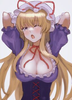  1girl agano blonde_hair breasts cleavage dress elbow_gloves frilled_dress frilled_gloves frills gloves hair_between_eyes hat highres large_breasts long_hair looking_at_viewer mob_cap one_eye_closed open_mouth purple_dress purple_eyes red_ribbon ribbon sidelocks touhou very_long_hair watercolor wink yakumo_yukari 