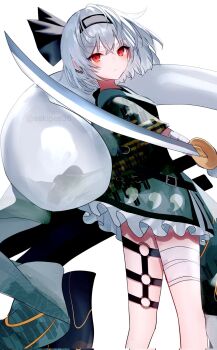  1girl alternate_costume bandaged_leg bandaged_wrist bandages black_hairband black_ribbon closed_mouth commentary_request corrupted_twitter_file earclip expressionless feet_out_of_frame frilled_skirt frills green_skirt grey_hair hair_ribbon hairband highres hitodama holding holding_sword holding_weapon katana konpaku_youmu konpaku_youmu_(ghost) looking_at_viewer looking_back o-ring o-ring_thigh_strap red_eyes ribbon sakizaki_saki-p short_hair short_sleeves simple_background skirt solo standing sword thigh_strap touhou twitter_username weapon white_background youmu_day 