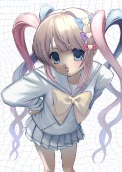  1girl :d abstract_background blonde_hair blue_bow blue_eyes blue_hair blue_serafuku blush bow brooch chouzetsusaikawa_tenshi-chan collarbone grid_background hair_bow hand_on_own_hip heart heart_brooch highres jewelry leaning_forward long_hair long_sleeves looking_at_viewer multicolored_hair needy_girl_overdose nemu_(zutto_oyasu3) open_mouth pink_bow pink_hair pleated_skirt purple_bow quad_tails sailor_collar school_uniform serafuku shirt single_hair_intake skirt smile solo 