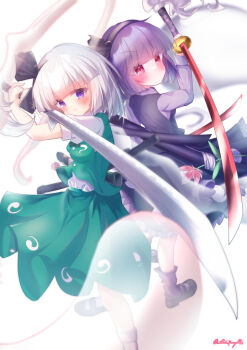  2girls adako_yunagi alternate_color alternate_hair_color black_hairband black_shoes black_skirt black_vest blush breasts closed_mouth commentary_request dual_persona dual_wielding flower frilled_skirt frills green_skirt green_vest grey_hair hairband highres hitodama hitodama_print holding holding_sword holding_weapon katana konpaku_youmu konpaku_youmu_(ghost) konpaku_youmu_(mysterious_sword_master) long_sleeves looking_at_viewer mary_janes medium_breasts medium_hair multiple_girls pink_flower print_skirt print_vest puffy_short_sleeves puffy_sleeves purple_eyes purple_hair purple_shirt red_eyes sheath shirt shoes short_sleeves skirt skirt_set smile socks sword touhou touhou_lostword twitter_username unsheathed vest weapon white_shirt youmu_day 