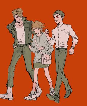  3boys alternate_costume bag belt belt_buckle black_belt black_footwear black_hair black_jacket black_sleeves boots brown_hair buckle buttons clenched_hands coattails collarbone collared_jacket commentary_request danganronpa:_trigger_happy_havoc danganronpa_(series) denim eyelashes fingernails fujisaki_chihiro full_body green_eyes green_pants green_shorts grey_hoodie grey_sleeves hands_in_pockets high_collar highres hood hood_down hoodie ishimaru_kiyotaka jacket jeans kneehighs leather leather_jacket long_sleeves looking_ahead looking_at_another male_focus mimulishizi multicolored_hair multiple_boys open_clothes open_jacket open_mouth owada_mondo pants parted_lips pink_socks pocket pompadour red_background red_eyes shirt shoes short_hair shorts shoulder_bag sideburns simple_background smile sneakers socks tailcoat teeth thick_eyebrows three-quarter_sleeves two-tone_hair upper_teeth_only walking watch white_bag white_footwear white_shirt white_sleeves wristwatch  rating:General score:7 user:danbooru