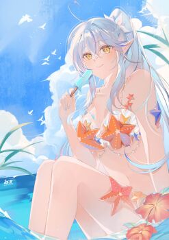  1girl ahoge airani_iofifteen_(artist) alternate_costume blue_hair blue_sky breasts commentary elf food hair_between_eyes heart heart_ahoge high_ponytail highres holding holding_food holding_popsicle hololive large_breasts long_hair looking_at_viewer ocean pointy_ears ponytail popsicle sky smile solo starfish swimsuit symbol-only_commentary virtual_youtuber yellow_eyes yukihana_lamy 