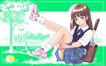  1990s_(style) 1girl artist_name bag ball blue_bow blue_bowtie blue_skirt blue_vest bow bowtie breasts brown_eyes brown_hair character_request colored_shadow commentary_request convenient_censoring copyright_request cross-laced_shoes dated dated_commentary dithering drop_shadow feet_up full_body grass green_background hugging_own_legs legs_up long_hair looking_at_viewer medium_breasts miniskirt on_grass own_hands_together pc-98_(style) pink_shoes pixel_art plaid_clothes plaid_skirt pleated_skirt racket retro_artstyle school_uniform shadow shirt shoes short_sleeves signature sitting skirt sneakers socks solo straight_hair teiku_(take) tennis_ball tennis_racket tree two-tone_background umpire_chair vest white_shirt white_socks 