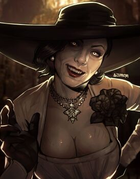  1girl alcina_dimitrescu black_gloves black_hair black_hat blurry blurry_background breasts cleavage commentary dress dress_flower earrings english_commentary flower gloves glowing glowing_eyes hand_on_own_hip hat highres jewelry large_breasts looking_at_viewer necklace open_mouth pearl_earrings red_lips resident_evil resident_evil_village short_hair smile sparkle sun_hat twitter_username upper_body wavy_hair white_dress wide_brim yellow_eyes zombiyh 