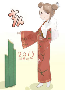  1girl 2019 bamboo blush brown_hair commentary_request double_bun full_body gradient_background hair_bun happy_new_year highres japanese_clothes kimono let's_draw_short-haired_hinanawi_tenshi long_sleeves looking_at_viewer new_year obi open_mouth original pa._(tatuya28001) red_eyes red_kimono sash sidelocks socks standing swept_bangs white_background white_socks wide_sleeves yellow_background 