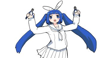  1girl :d absurdres arms_up blue_eyes blue_hair blush_stickers bow hair_bow highres holding_pliers holding_tool limited_palette nipako non-web_source ole_tower open_mouth pliers school_uniform shirt skirt smile solo tsukumizu_yuu twintails ultimate_nipper upper_body white_background white_shirt white_skirt 