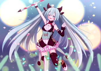  1girl 2019 absurdly_long_hair absurdres animal_ears anniversary aqua_eyes aqua_hair artist_name bare_shoulders blue_eyes blue_hair breasts cat_ears collared_shirt dress_shirt female_focus floating_hair gloves hair_between_eyes hair_ornament happydog@9257 hat hatsune_miku highres long_hair looking_at_viewer magical_mirai_(vocaloid) medium_breasts mini_hat miniskirt necktie pleated_skirt shirt skirt sleeveless sleeveless_shirt smile solo standing standing_on_one_leg striped_clothes striped_thighhighs tattoo thighhighs twintails very_long_hair vocaloid white_gloves white_skirt wing_collar zettai_ryouiki 
