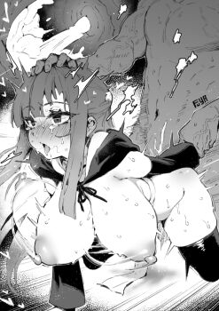  1boy 1girl blush bouncing_breasts breasts cross-section cum cum_in_pussy detached_sleeves doggystyle ejaculation fern_(sousou_no_frieren) fuya_(tempupupu) greyscale hetero large_breasts long_hair monochrome nipples nude open_mouth penis pussy sex sex_from_behind sidelocks sousou_no_frieren tearing_up thighhighs vaginal 