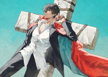  1boy aqua_coat arm_up black_hair black_pants black_suit closed_mouth coat collared_shirt cross cross_punisher dutch_angle formal_clothes frown hata25 highres holding holding_unworn_clothes jacket long_sleeves looking_to_the_side male_focus nicholas_d._wolfwood open_clothes open_collar open_jacket pants profile red_coat shirt short_hair sideways_glance solo suit suit_jacket sunglasses trigun trigun_stampede two-sided_coat two-sided_fabric weapon white_shirt wing_collar 