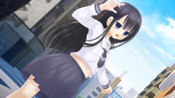  1girl arm_up asymmetrical_bangs black_hair blue_eyes blue_neckerchief blue_skirt blunt_bangs blush breasts building character_request choppy_bangs city copyright_request cowboy_shot day fighting_stance game_cg hand_up long_hair long_sleeves nanamiya_runa neckerchief non-web_source official_art open_mouth outdoors road roshutsu-kei_mahou_shoujo sailor_collar school_uniform self-datamine shirt shitou_(4h) sidelocks skirt small_breasts solo straight_hair street v-shaped_eyebrows white_sailor_collar white_shirt 