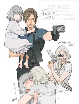  1boy 2girls ammunition_belt barefoot black_gloves blonde_hair blue_shirt brown_hair bullet_in_mouth child dress emily_(resident_evil) evil_grin evil_smile finger_on_trigger flying_sweatdrops gloves grace_ashcroft grey_hair grin gun handgun holding holding_gun holding_weapon hug leon_s._kennedy multiple_girls parted_lips resident_evil resident_evil_requiem shaded_face shirt short_hair smile tatsumi_(psmhbpiuczn) twitter_username upper_body weapon white_dress white_shirt 