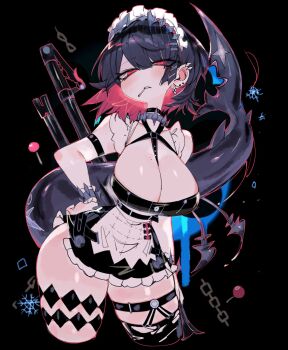 1girl arm_strap black_background black_dress black_hair blush breasts candy cleavage dress ear_piercing ellen_joe fins fish_tail food food_in_mouth hand_on_own_hip highres large_breasts lollipop looking_at_viewer maid_headdress mole mole_on_breast piercing red_eyes red_hair scar scar_on_tail shark_tail solo tail thighhighs usa37107692 zenless_zone_zero rating:Sensitive score:65 user:danbooru