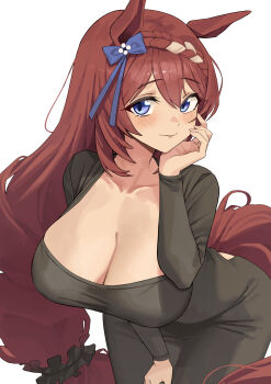  1girl absurdres alternate_costume animal_ears black_dress blue_bow blue_eyes blush bow braid braided_bangs breasts brown_hair cleavage closed_mouth commentary dongtan_dress dress hair_between_eyes hair_bow hand_on_own_cheek hand_on_own_face highres horse_ears horse_girl horse_tail large_breasts leaning_forward long_hair long_sleeves looking_at_viewer low-tied_long_hair mutsuru_(omotta_yori) simple_background solo super_creek_(umamusume) tail umamusume very_long_hair white_background 