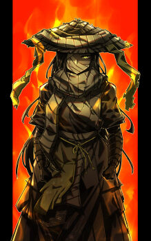  1girl aura bandage_over_one_eye black_hair commentary_request conical_hat covered_mouth dark-skinned_female dark_skin ehdbs1198 highres limbus_company looking_at_viewer pillarboxed project_moon red_background scarf shin_(project_moon) simple_background solo standing yellow_eyes zilu_(project_moon) 