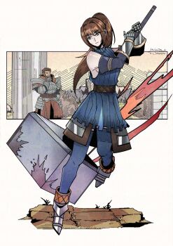  1boy 1girl armor armored_dress bare_shoulders beard blue_thighhighs breastplate brown_hair bryce_(unicorn_overlord) double-parted_bangs dress english_text facial_hair faulds floating_hair full_beard gauntlets green_eyes hair_between_eyes hammer hashtag-only_commentary herheim highres holding holding_weapon huge_weapon long_hair nina_(unicorn_overlord) pillar ponytail sabaton signature tassets thighhighs unicorn_overlord war_hammer weapon 