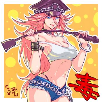  armlet arms_up bare_shoulders big_hair bracelet breasts chain cleavage collar collarbone commentary commentary_request cuffs cutoffs denim denim_shorts final_fight fingernails handcuffs hat holding holding_whip jewelry lips lipstick long_fingernails long_hair looking_at_viewer makeup okeko peaked_cap pink_hair poison_(final_fight) riding_crop shorts simple_background street_fighter tank_top toned toned_female translation_request upper_body very_long_hair whip white_tank_top 