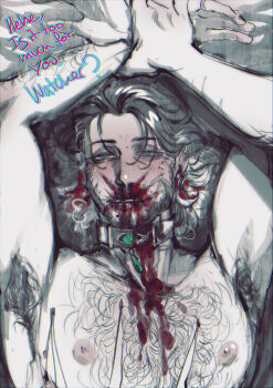  2boys absurdres armpit_hair bdsm beard blackberreh-art blood blood_from_mouth blood_on_face blush chest_hair collar commentary distortion_(tma) elias_bouchard english_commentary facial_hair green_eyes highres michael_shelley mole mole_under_eye multiple_boys nipples pov sketch the_magnus_archives yaoi 